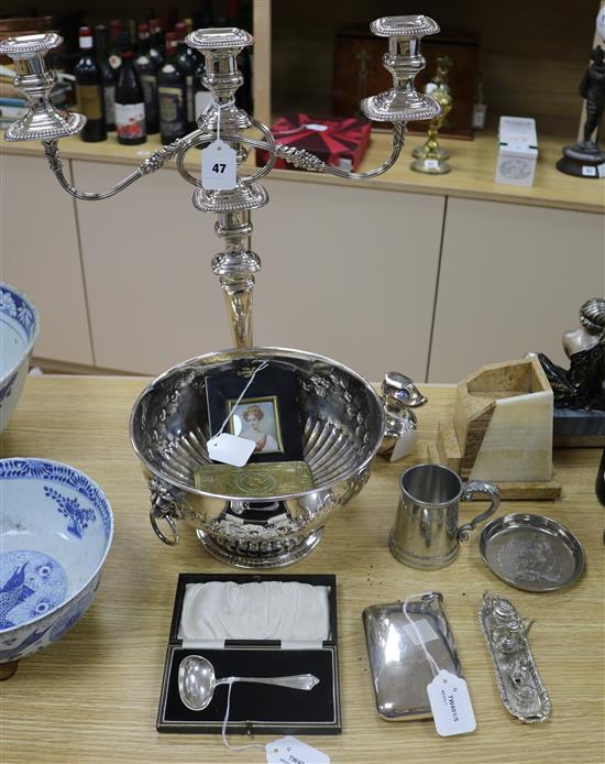 A two-branch plated candelabrum, an embossed plated punch bowl, a hip flask, a miniature portrait and sundries